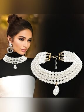 Elegant White Pearl Multi-Strand Choker Necklace with Gold Accents